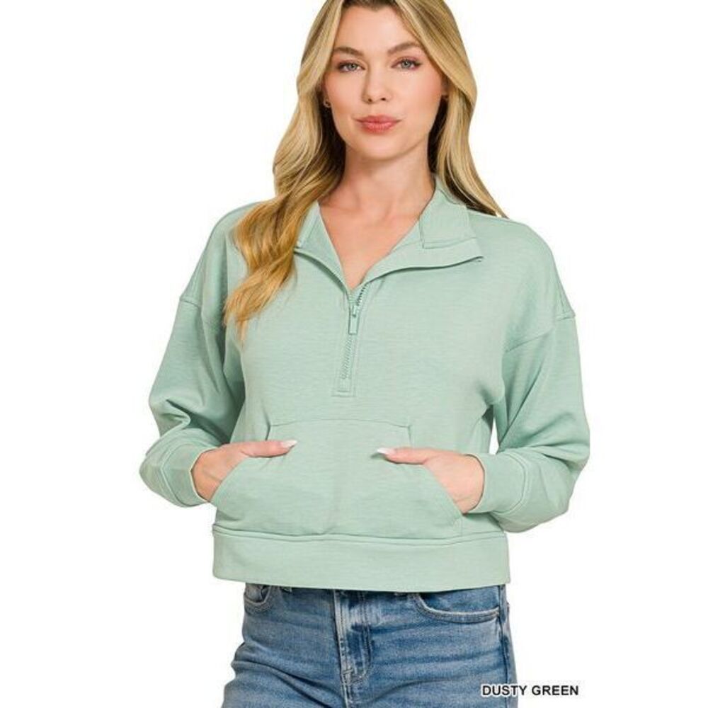 Zenana Scuba Half Zip Pullover With Kangaroo Pockets